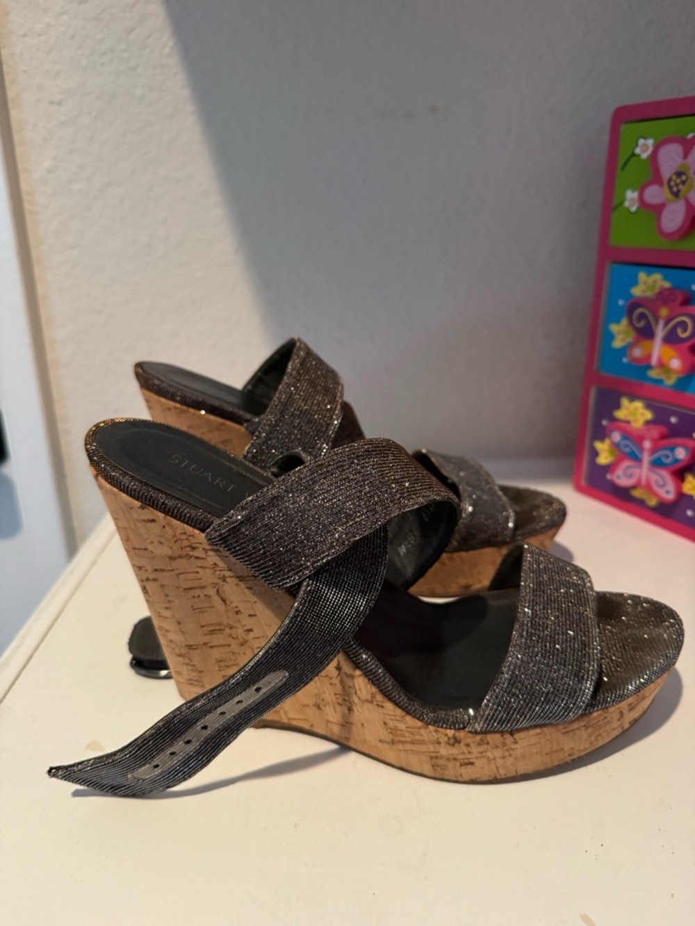 Stuart Weitzman Gold and Silver Glitter Cork Wedge Sandals